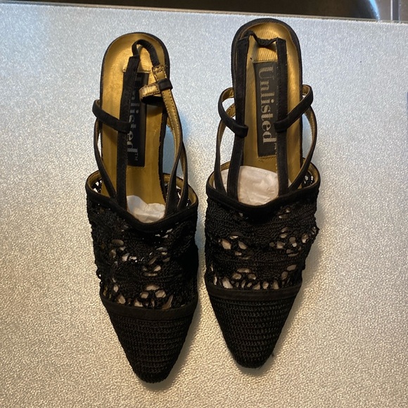 Unlisted Sz 7.5 used good condition black crochet kitten heels elastic back strp - Picture 1 of 5
